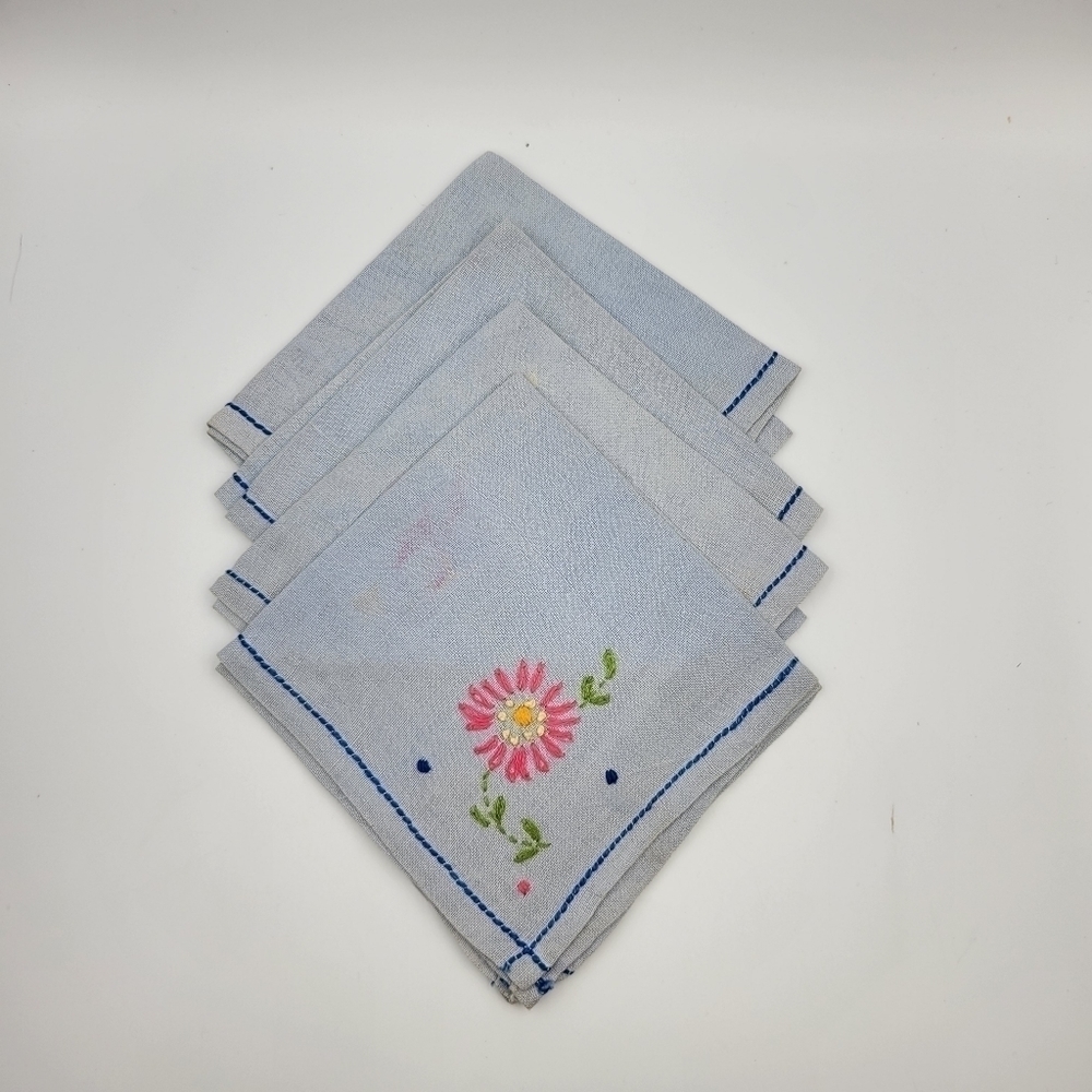 Vintage Blue Floral Cross-Stitch Cocktail Napkins - set of 4